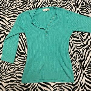 Teal Cable Knit Button Henley Sweater